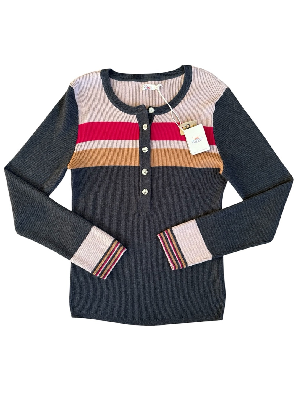 FAHERTY Mikki Henley Throwback Striped Cotton / Cashmere Knit Top Size XL NWT - Picture 1 of 8